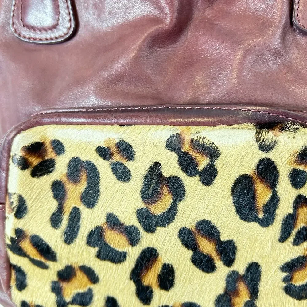 Rosella D Burgundy Leather Animal Print Calf Hair Large Satchel Shoulder Bag